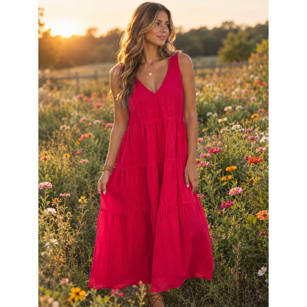 Quince 100% Organic Cotton Gauze Tiered Maxi Dress Hot Pink Sz Small Boho Beach